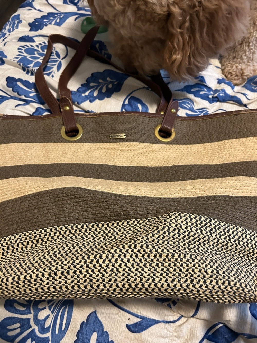 Striped Brown and Cream Woven Tote with Leather-Style Straps